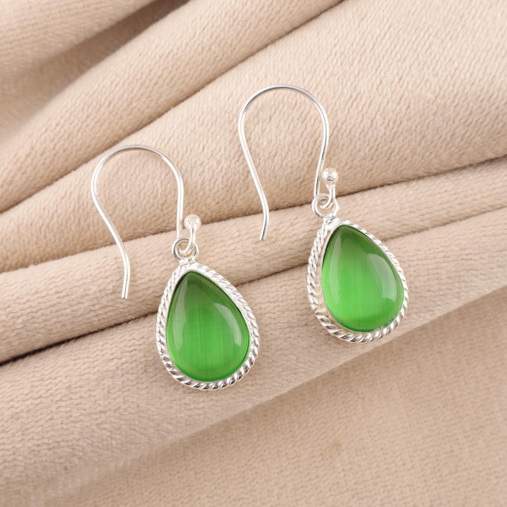 Green Cat's Eye Gemstone 925 Sterling Silver Jewelry Light Weight Earrings 1.40" EE-9-43