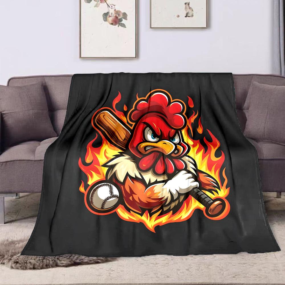 "Fiery Angry Chicken with Baseball Bat" Patterned flannel blanket perfect for the bedroom living room, sofa, or a little nap