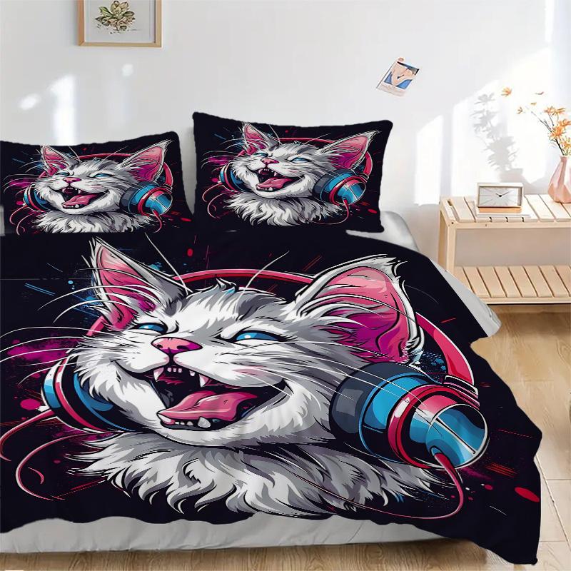 3pcs Cool Cat Headphones Bedding Set - 1 Soft Quilt Cover + 2 Pillowcases, Machine Washable - Suitable for All Seasons, Perfect Gift for Fam