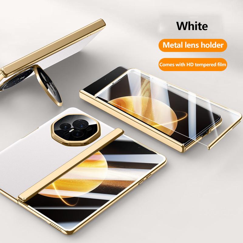 Чехол из простой кожи для телефона Honor Magic V3 с гальваническим покрытием, металлическим шарниром, держателем объектива и закаленной пленкой, противоударным держателем, деловой чехол