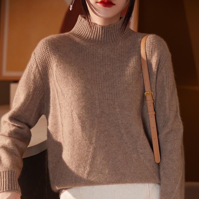 Women's Autumn/Winter Wool Pullover Sweater - Half-High Collar, Irregular Lines, Casual, Thickened Base Layer