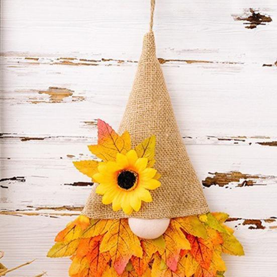 Thanksgiving Maple Leaf Gnome Wreath with String Light Indoor Outdoor Front Door Wall Hanging