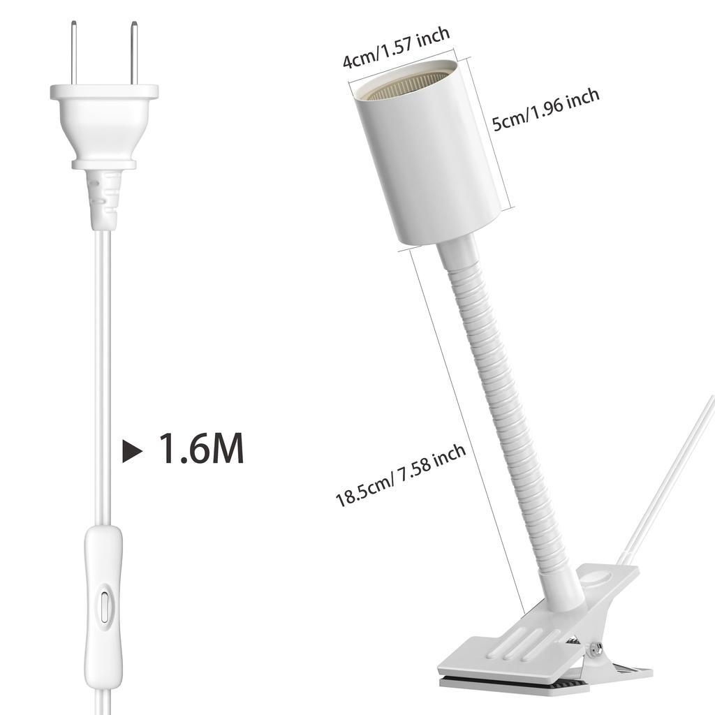 Патрон для лампы E26 Pispoer, Патрон-клипса, Подходит для ламп для выращивания растений, Шнур 1,6 метра с выключателем, Гибкий держатель 18,5 см (белый) Длинная версия