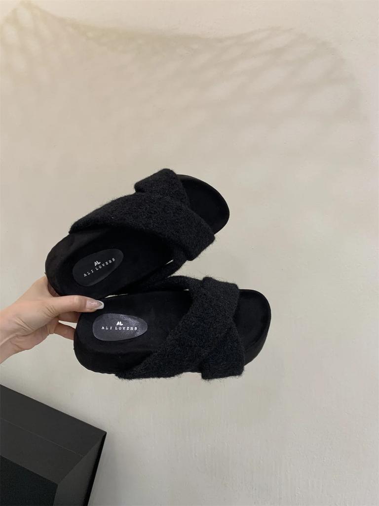 Меховые женские тапочки на платформе с плоскими каблуками, зимняя дизайнерская новая повседневная обувь для женщин 2024 года, модные домашние хлопковые тапочки, уютные, мягкие, Mujer Zapatos