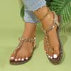 Модная летняя женская обувь 2024 года, высококачественные стринги, большие размеры, модные римские сандалии на низком каблуке с металлическим декором в виде цветка для женщин