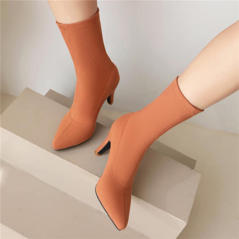 FOREADA Женские ботильоны с острым носком, на массивном высоком каблуке, эластичные короткие ботинки, женская модная обувь, осень-зима, фиолетовый, оранжевый, 46