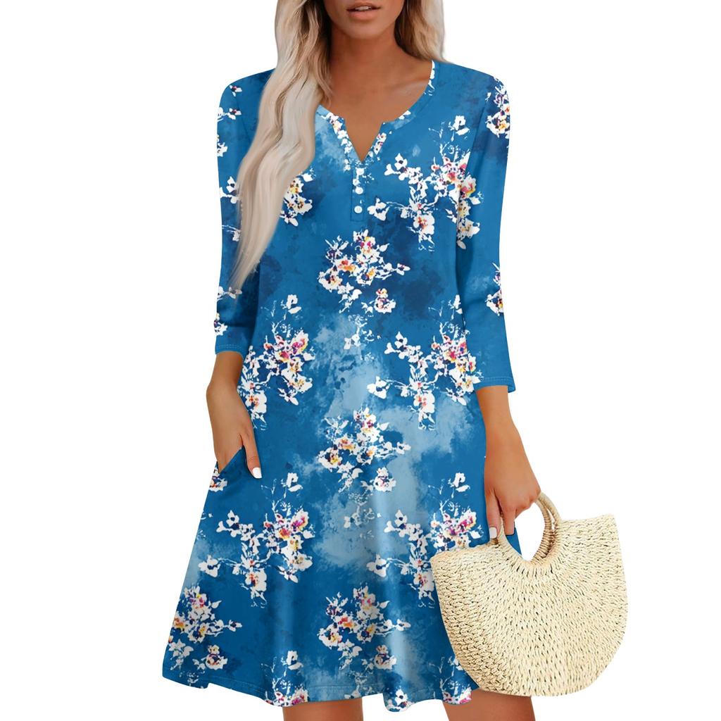 Женское модное платье с V-образным вырезом, пуговицами, рукавами длиной семь восьмых, карманом и цветочным принтом