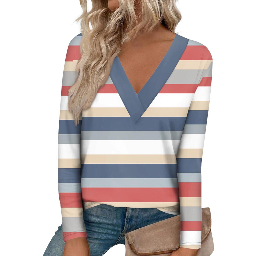 Женская модная футболка с длинными рукавами и большим v-образным вырезом спереди и изогнутым краем с принтом