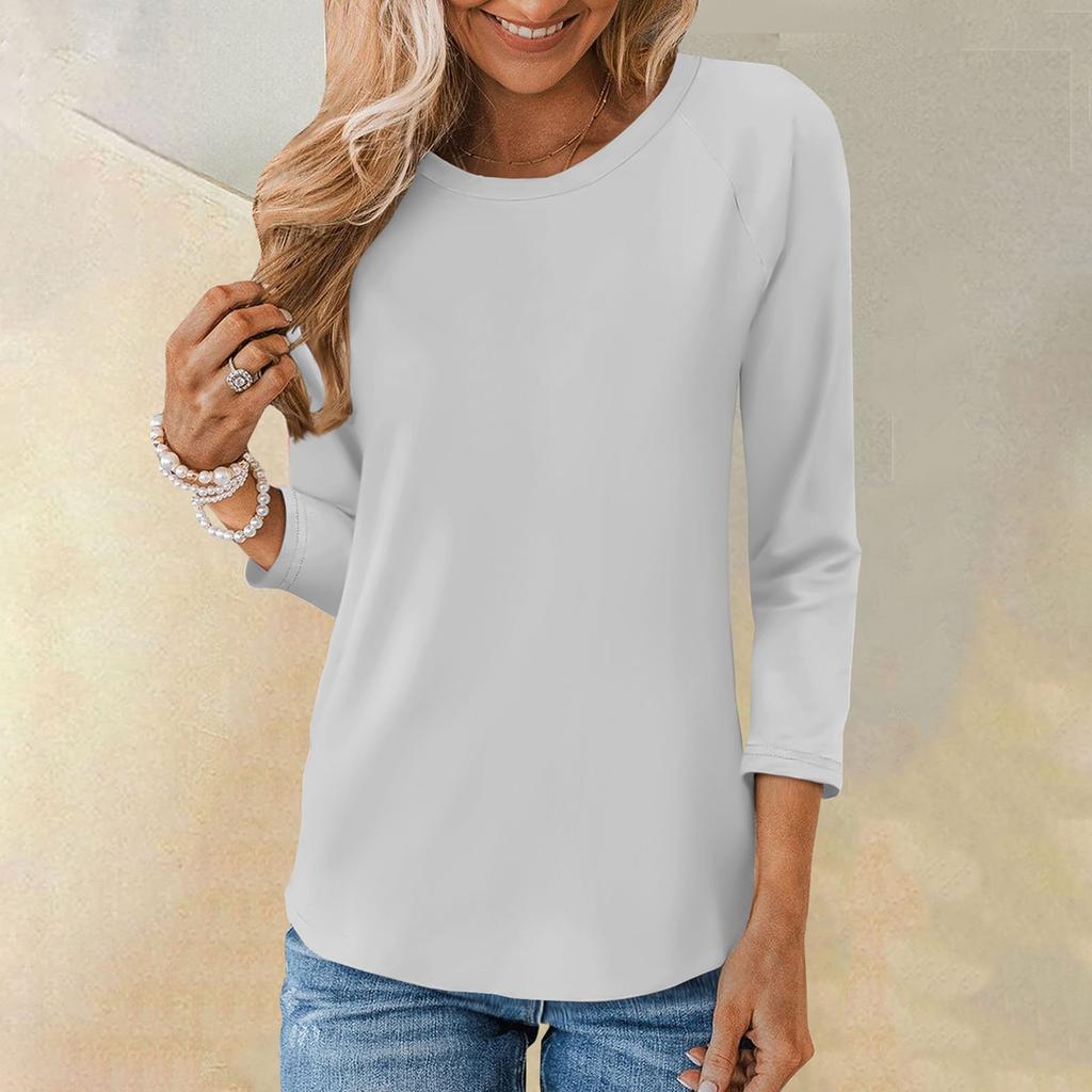 Рубашка для женщин, модная повседневная свободная однотонная футболка с рукавами реглан и круглым вырезом, рукав 3/4, женский топ