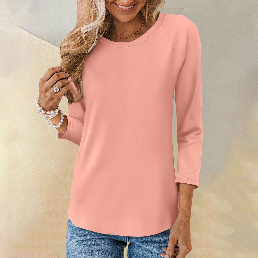 Рубашка для женщин, модная повседневная свободная однотонная футболка с рукавами реглан и круглым вырезом, рукав 3/4, женский топ