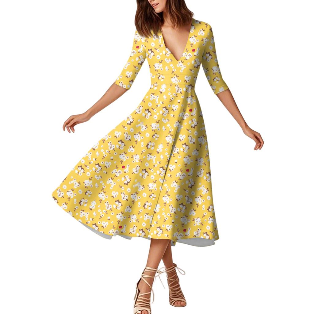 Модное платье средней длины с рукавами средней длины, цветочным принтом и сексуальным V-образным вырезом
