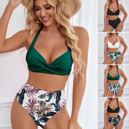 2Pcs/Set Women Sexy Bikini Set Halter Solid Color Bra Leaf Print High