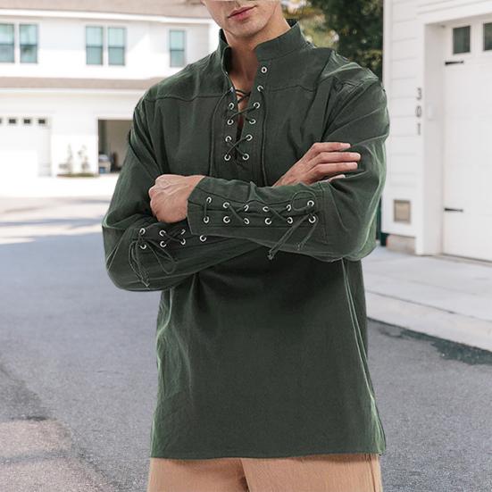 Мужчины Speing Top Воротник-стойка на шнуровке с V-образным вырезом и длинным рукавом Сплошной цвет Готический панк Пиратский стиль Свободный пуловер Мягкая дышащая мужская рубашка средней длины