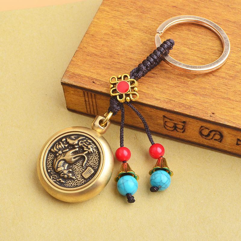 Brass Zodiac Wealth-Enhancing Car Keychain with Chinese Knot for Stress Relief