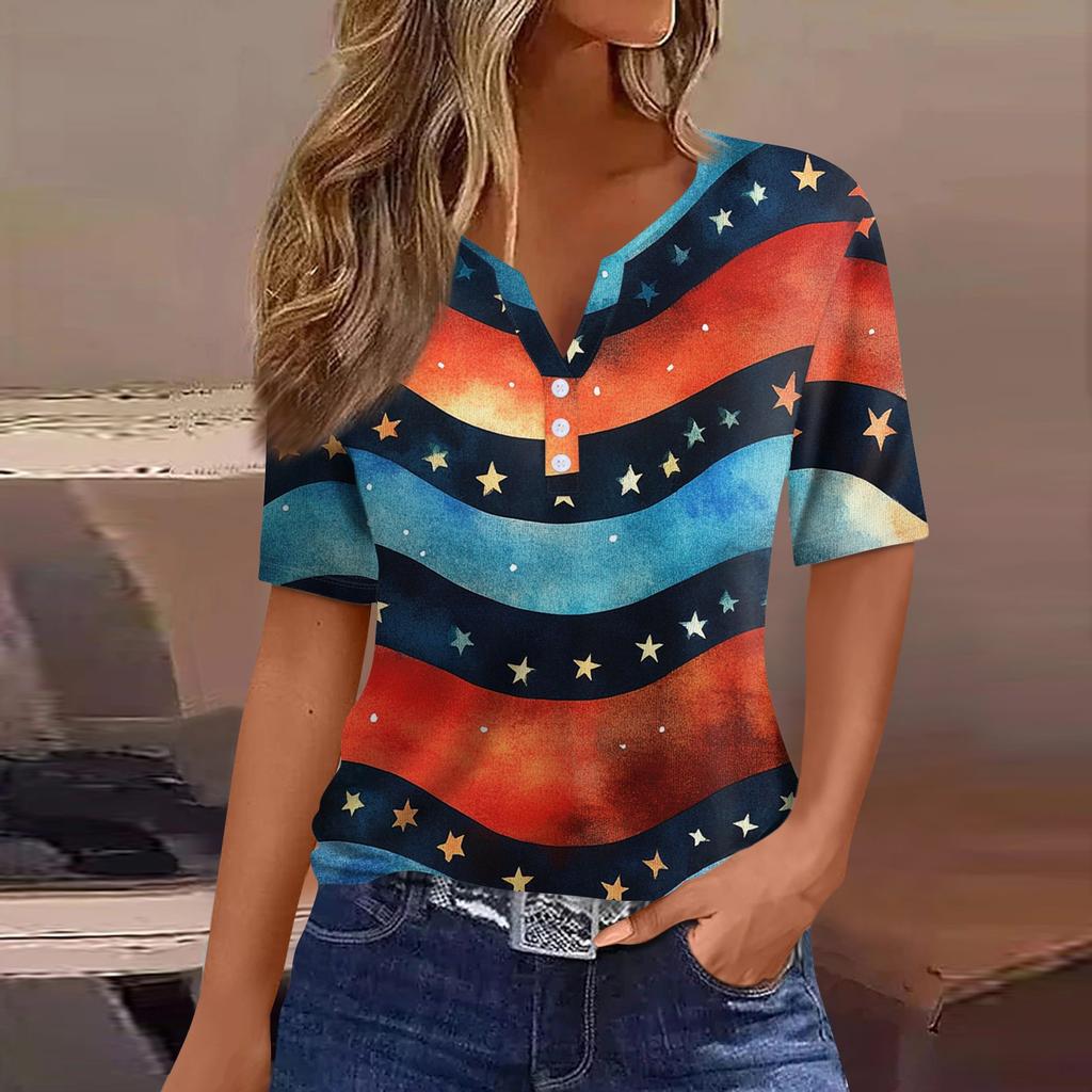 Жен. Футболка С принтом Пуговицы С короткими рукавами Повседневные Выходные Мода Классический V-образный вырез Обычный Верх