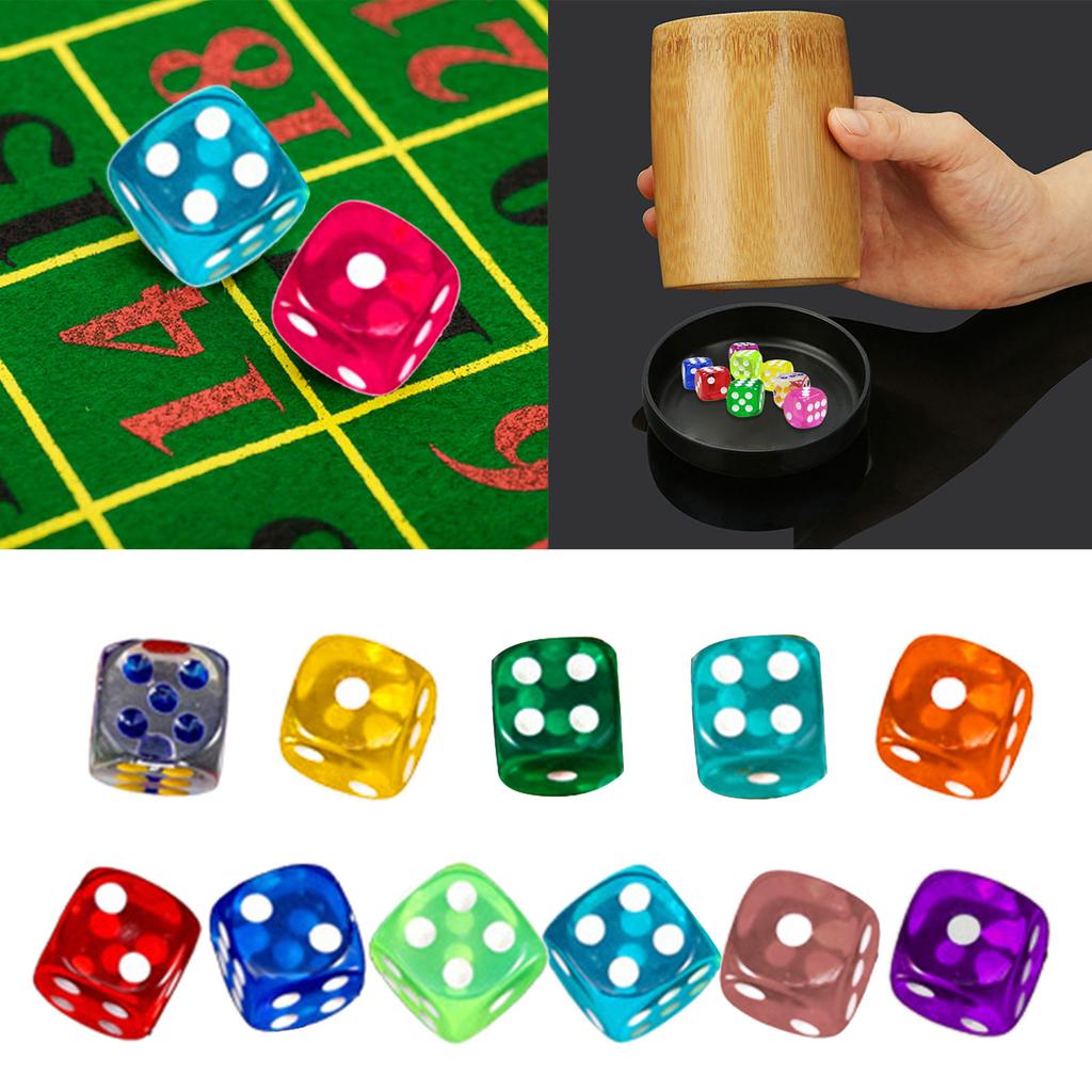 Rounded Corner Six Sided Dices Bulk Pack of 10 Assorted Color 16mm D6 Acrylic Dices Cubes with Number Dots for Kids Use