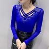 Уличная женская одежда Футболка Весна Осень Высокое качество Горячие бриллианты Топы с длинным рукавом Женские Сексуальные футболки из сетки с V-образным вырезом