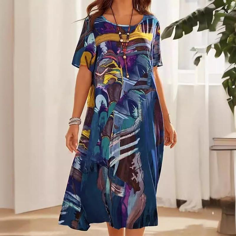 Летнее женское повседневное платье с круглым вырезом и принтом, с короткими рукавами, повседневные платья класса А