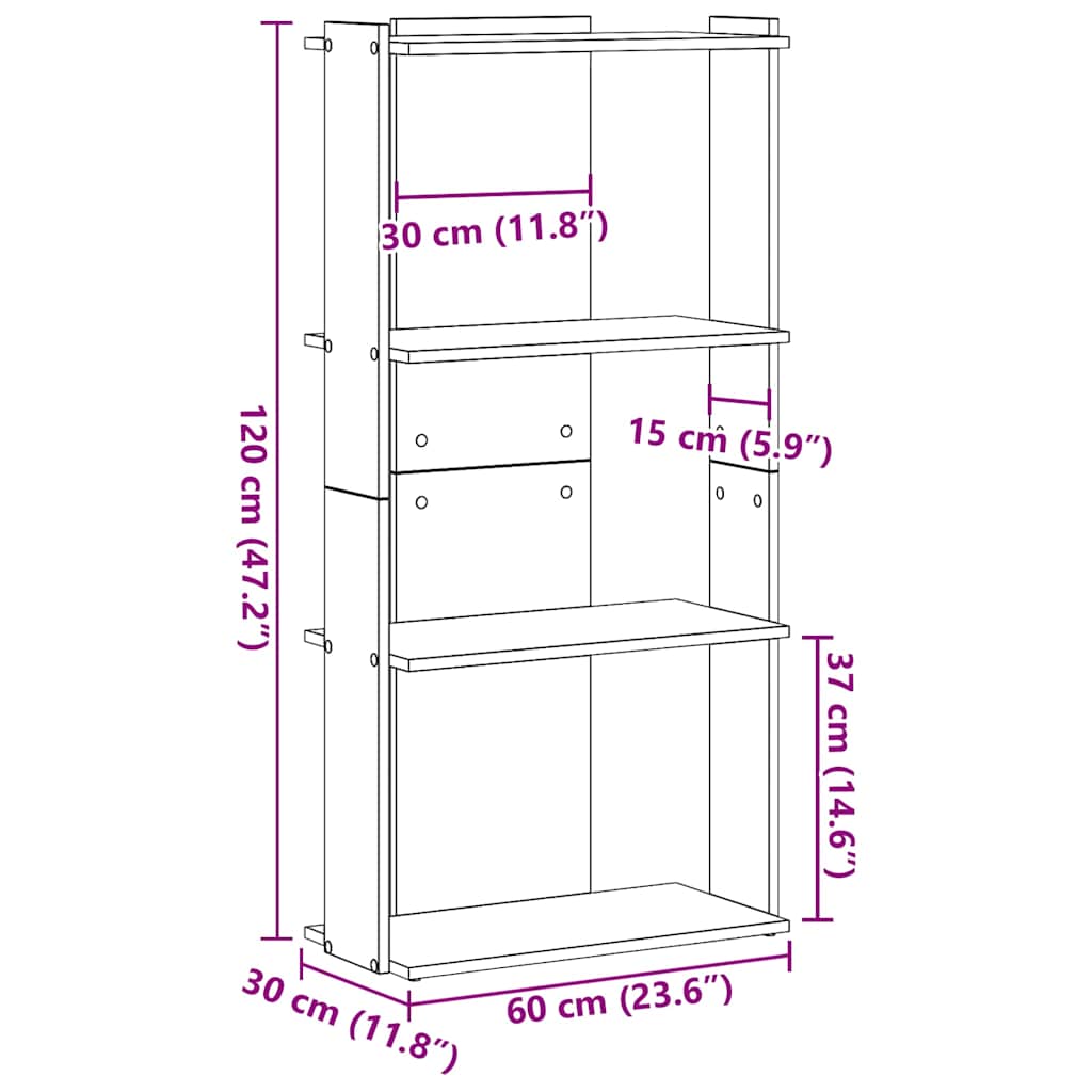 Bookshelf with 3 Shelves Rustic Wood Effect 60 x 30 x 120 cm Engineered Wood