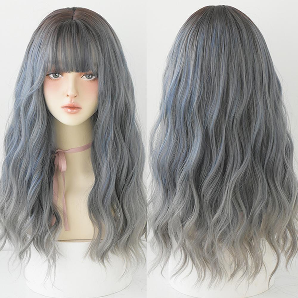 Длинный волнистый синтетический парик с челкой из натуральных волос, женский термостойкий парик для повседневного использования для косплея