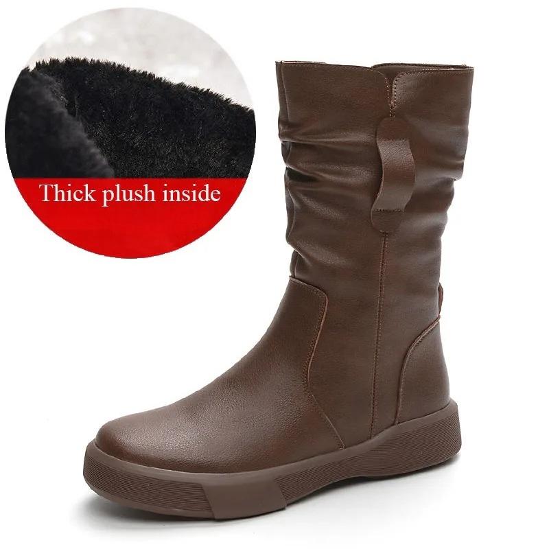Модные женские ботинки Осень Зима Плюшевые Теплые Ботинки до середины икры Круглый носок Молния Плиссированные Толстая подошва Кожаные Хлопковые Ботинки