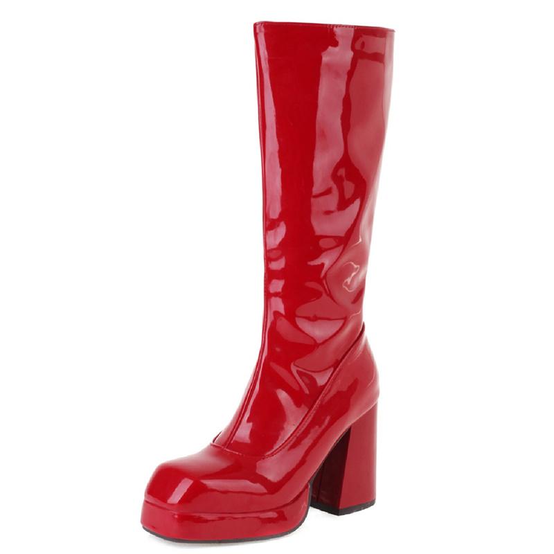 Модные женские сапоги на платформе, высокие сапоги до колена, осень-зима, лакированная кожа, женские сапоги на водонепроницаемом каблуке, белые, красные, фетиш-обувь для вечеринок