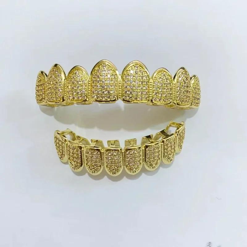 HipHop CZ Teeth Set For Unisex Top Bottom Mouth Gold Color Teeth Tooth Cap Removable Dental Fashion Jewelry