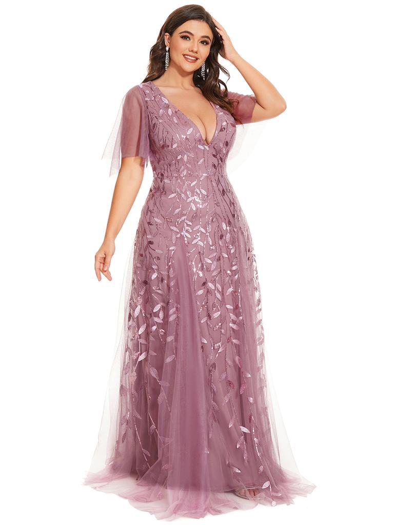 Ever-Pretty Womens Plus Size V Neck A Line Sequin Tulle Formal Dresses