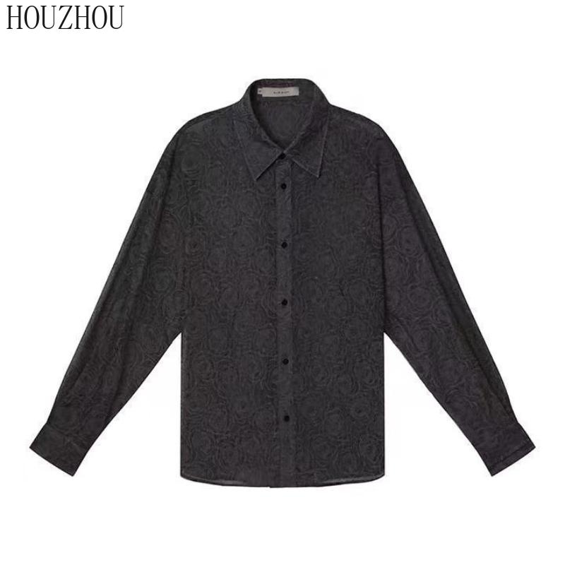 HOUZHOU Рубашка с принтом, женская цветочная весна, черные элегантные и шикарные винтажные свободные топы большого размера с длинными рукавами