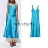 Spring New Women's Clothing British Style V Neck Silk Satin Texture Sleeveless Sling Midi Skirt Dress 2770399