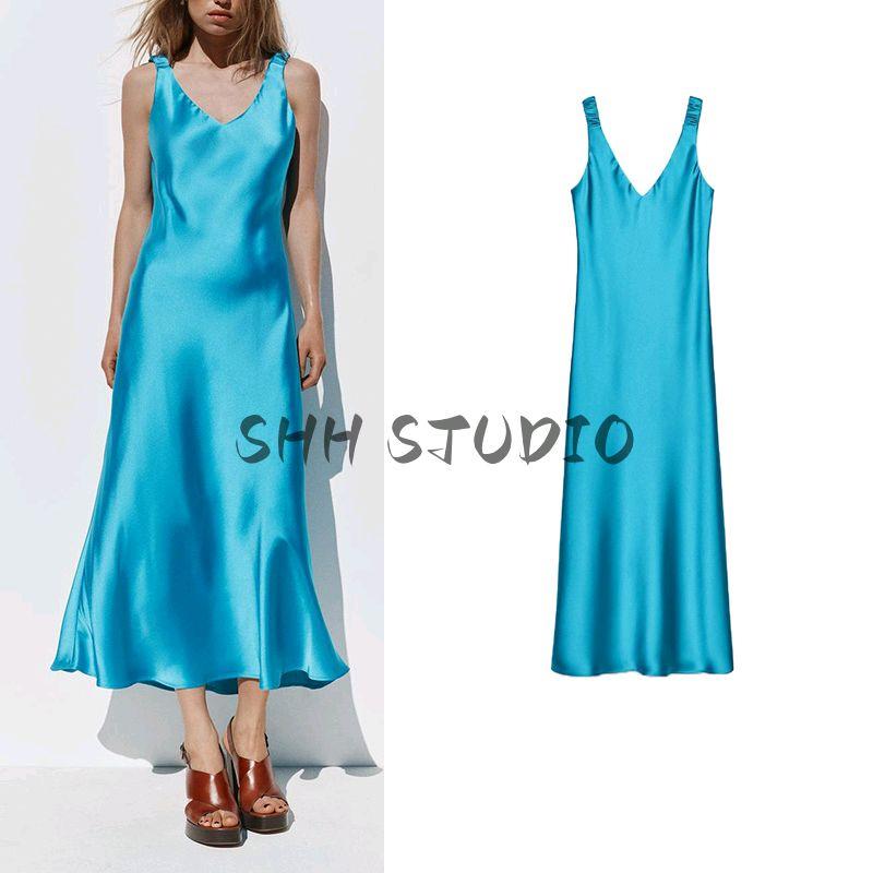 Spring New Women's Clothing British Style V Neck Silk Satin Texture Sleeveless Sling Midi Skirt Dress 2770399