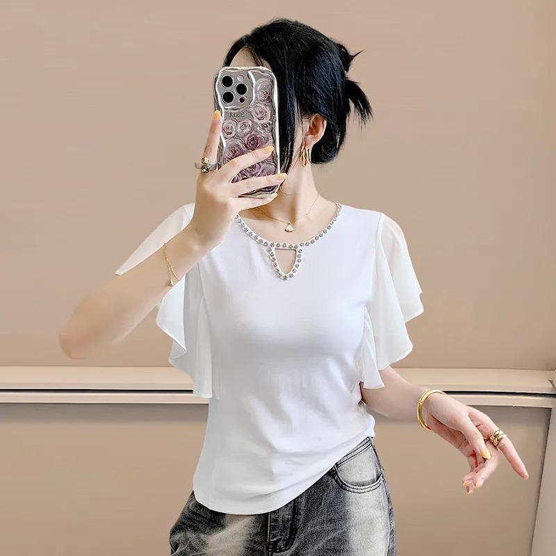Summer Women's European T-Shirt Sexy O-Neck Hollow Out Hot Diamonds Design Tops Ladies Chic Short Sleeve Slim Tees