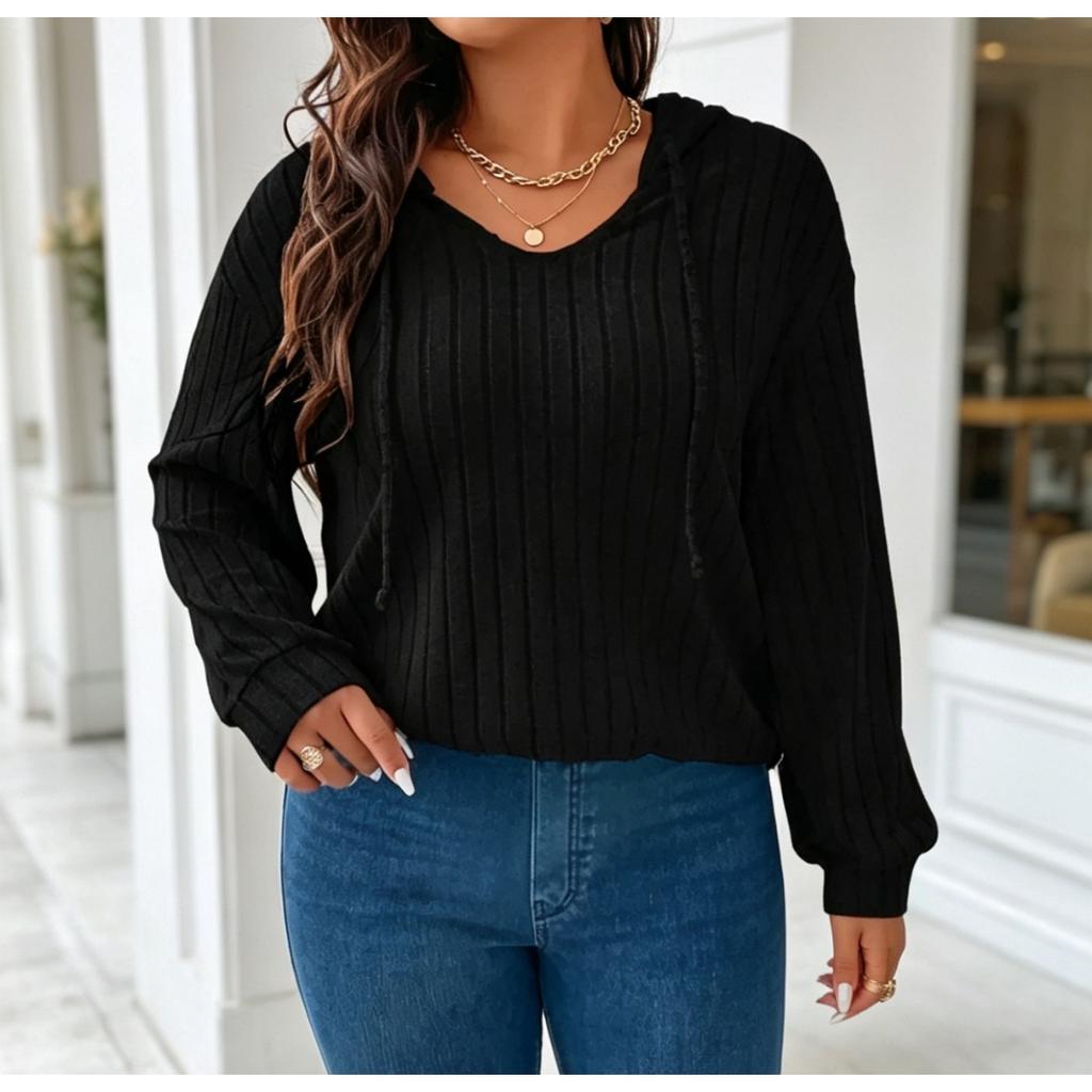 Solid Color Plus Size Women's Top V Neck Hooded Long Sleeve Ribbed Fleece T Shirt Loose Casual Wear