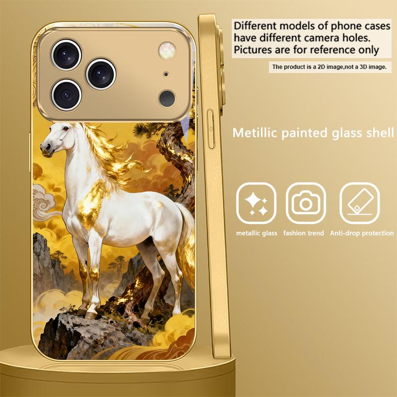 Высокая и крепкая лошадь Для IPhone 17Pro Max 16 17 Pro 15 Pro 14 13 Plus 12 Mini 11Pro Max XR 16E 17 Air Золотой стеклянный чехол для телефона