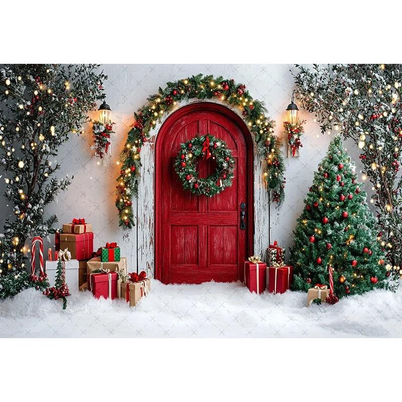 VIKAMA Christmas Red Door Tapestry Wreath Xmas Tree Gift Box Snow Scene Wall Hanging Holiday Photo Background Decor
