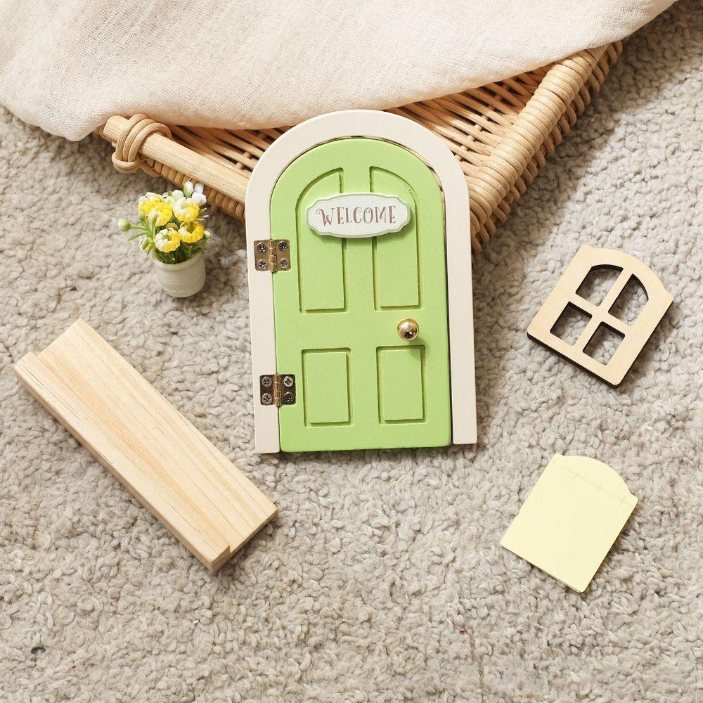 Mini Wooden Fairy Elf Door Set Simulation Balcony Fairy Door Cartoon Kids Toys Home Decor