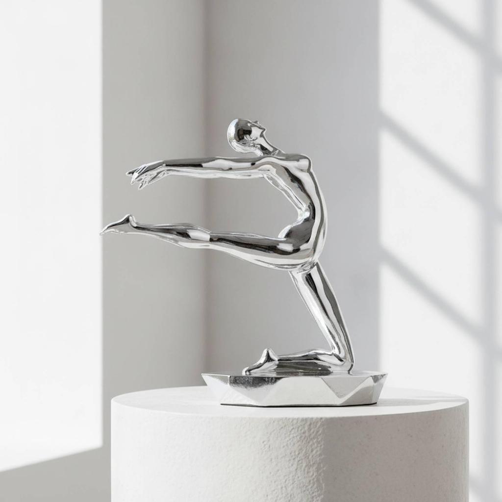 Silver Exercise Pose Figurine with Rectangular Base Glossy Resin Sculpture Artistic