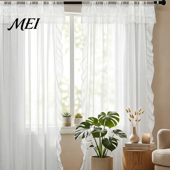 French Ruffle Curtain White Ruffled Panel, 39 Inch x 51 Balcony Window Soft Fabric Curtain, Light Filtering Panel for Living Room Bedroom Elegant
