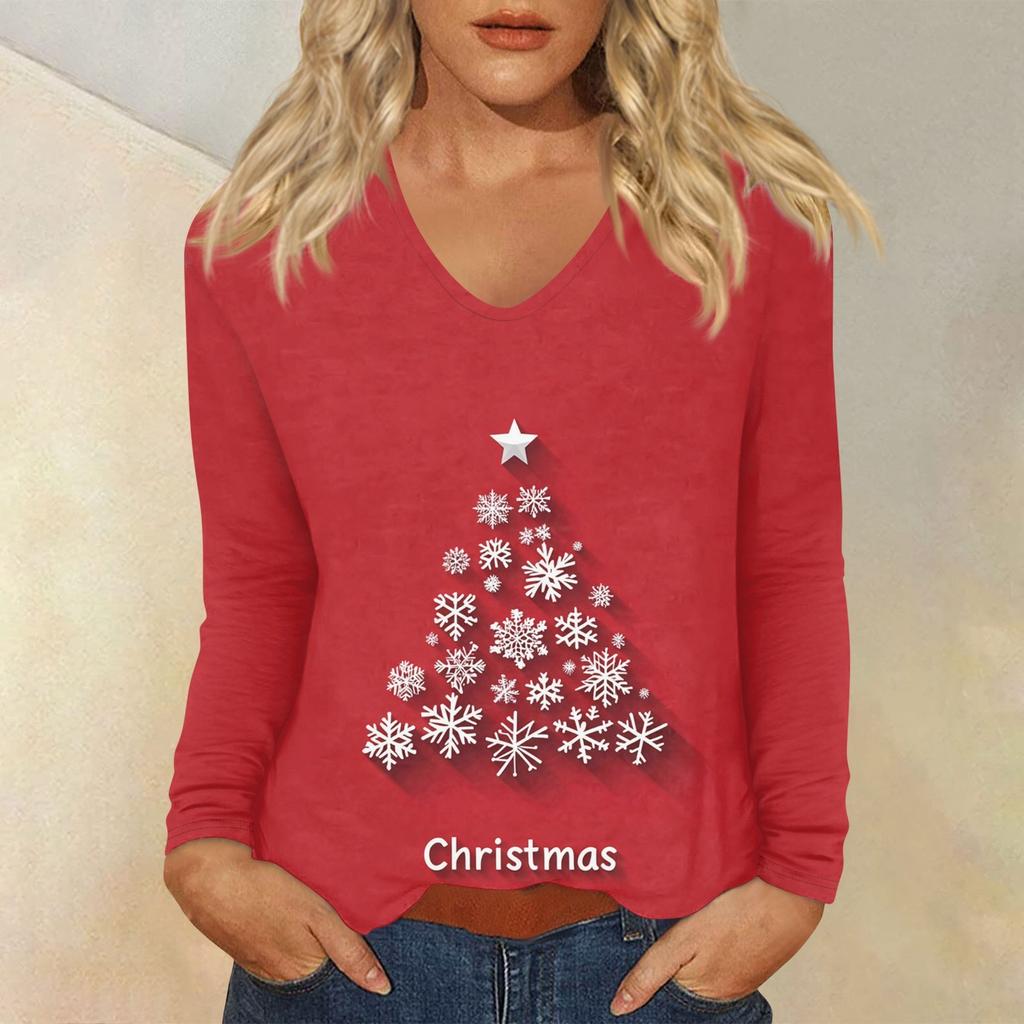 Women's Daily Casual Long Sleeve Christmas  Print V-neck Top