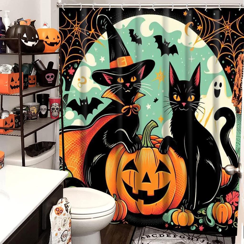 Halloween Cats Pattern Bathroom Shower Curtain With 12  Hooks Home Bathroom Decor And Accessories