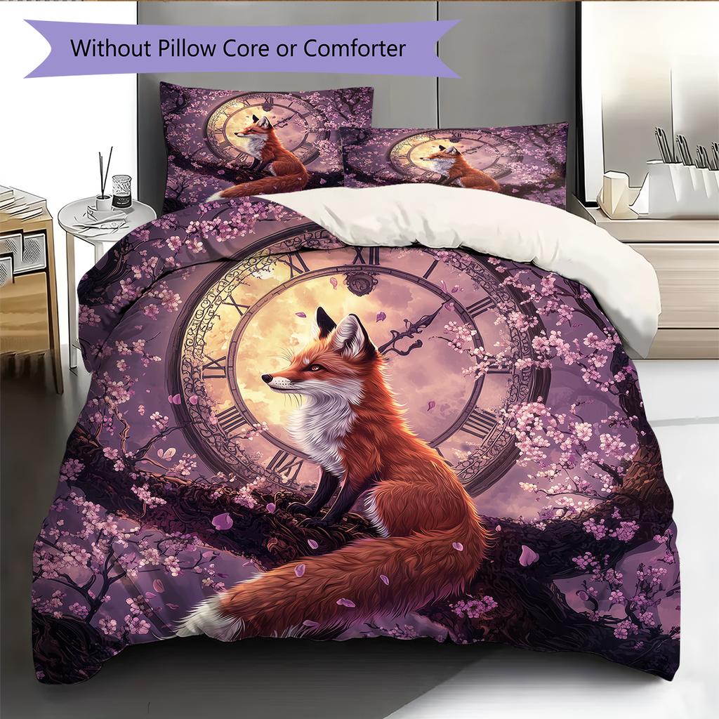 Fox and Flowers Pattern Bedding Home Decoration Birthday Gift (1 * duvet cover + 2 * pillowcase, without core)
