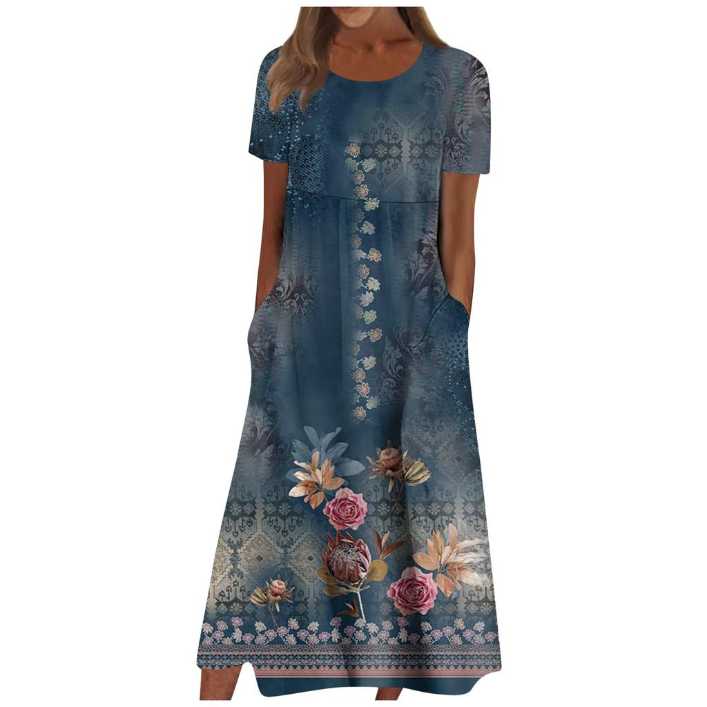 Women's Casual Dresses Printed Dresses Summer Dresses Printed Pleated Round Neck Midi Dresses Basic Classic Outdoor Daily Short Sleeve Loose Dresses