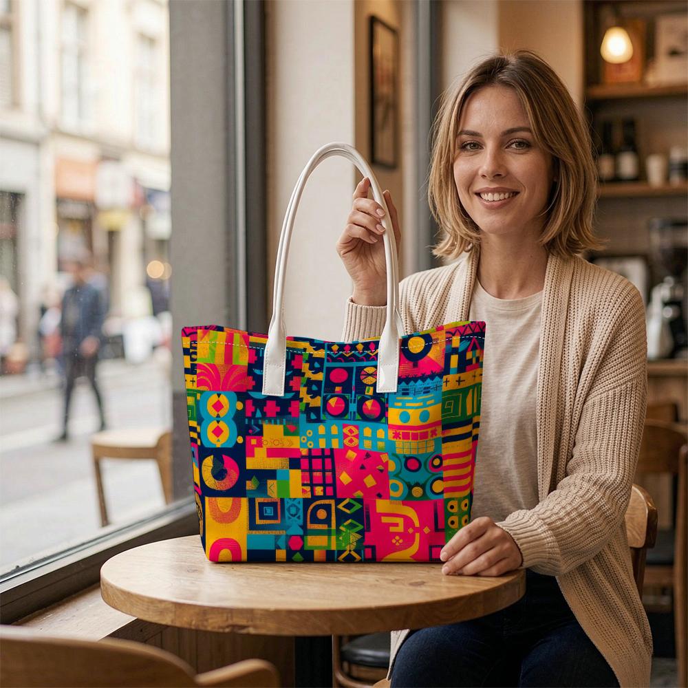 Vibrant Geometric Pattern Tote Bag Fashion Daily Casual Large Capacity Handbag For Ladies Outdoor Travel Shopping Portable Shoulder Bag