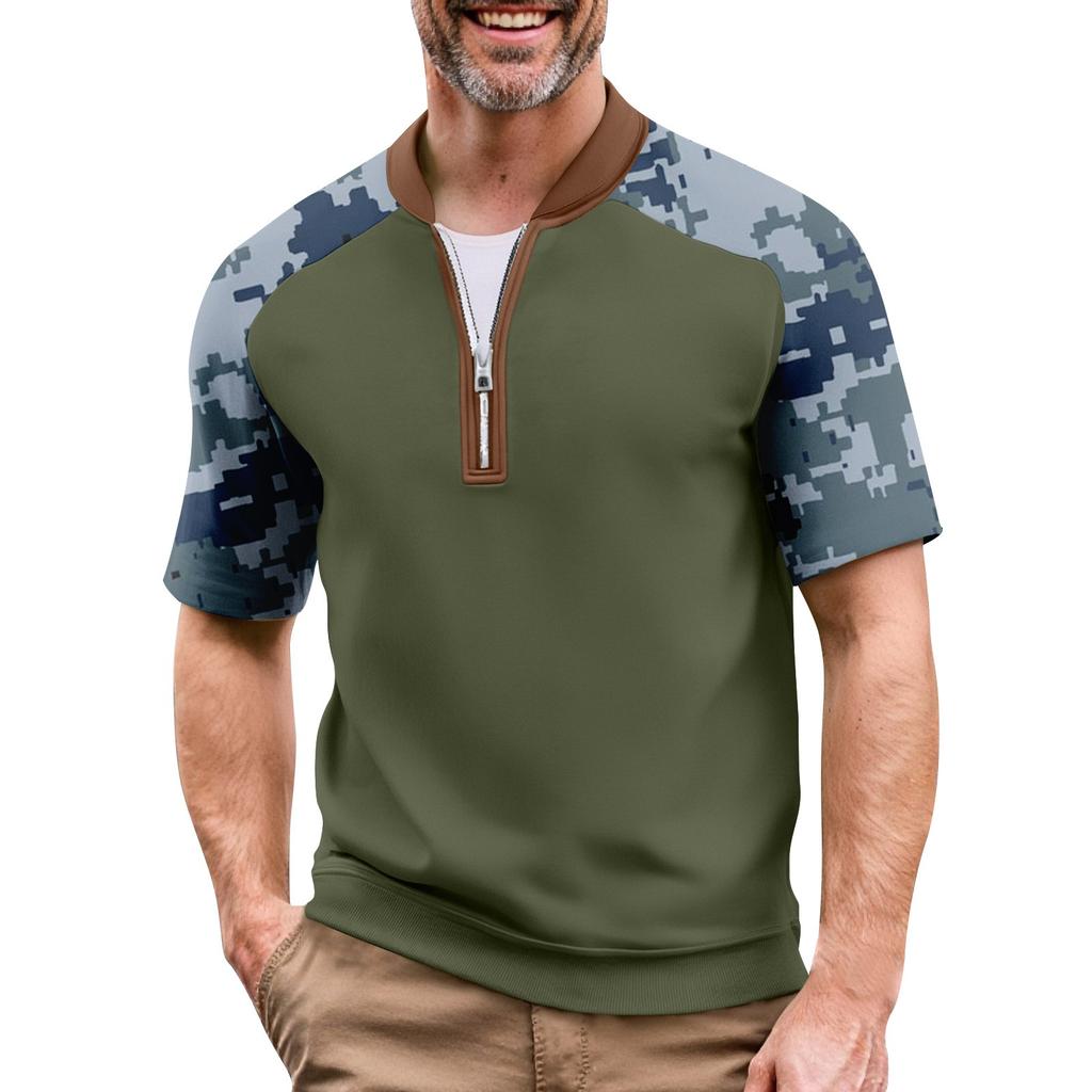 Мужская летняя футболка камуфляжной расцветки в стиле кэжуал, спортивный дышащий топ с воротником на молнии