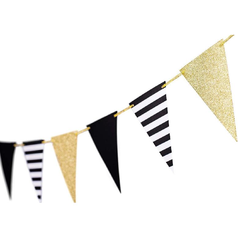 Golden Black Triangle Banner Decorations New Years Pennant Bunting Signs Decoration for Birthday Gatsby Party Nursery Anniversary Graduation Decor