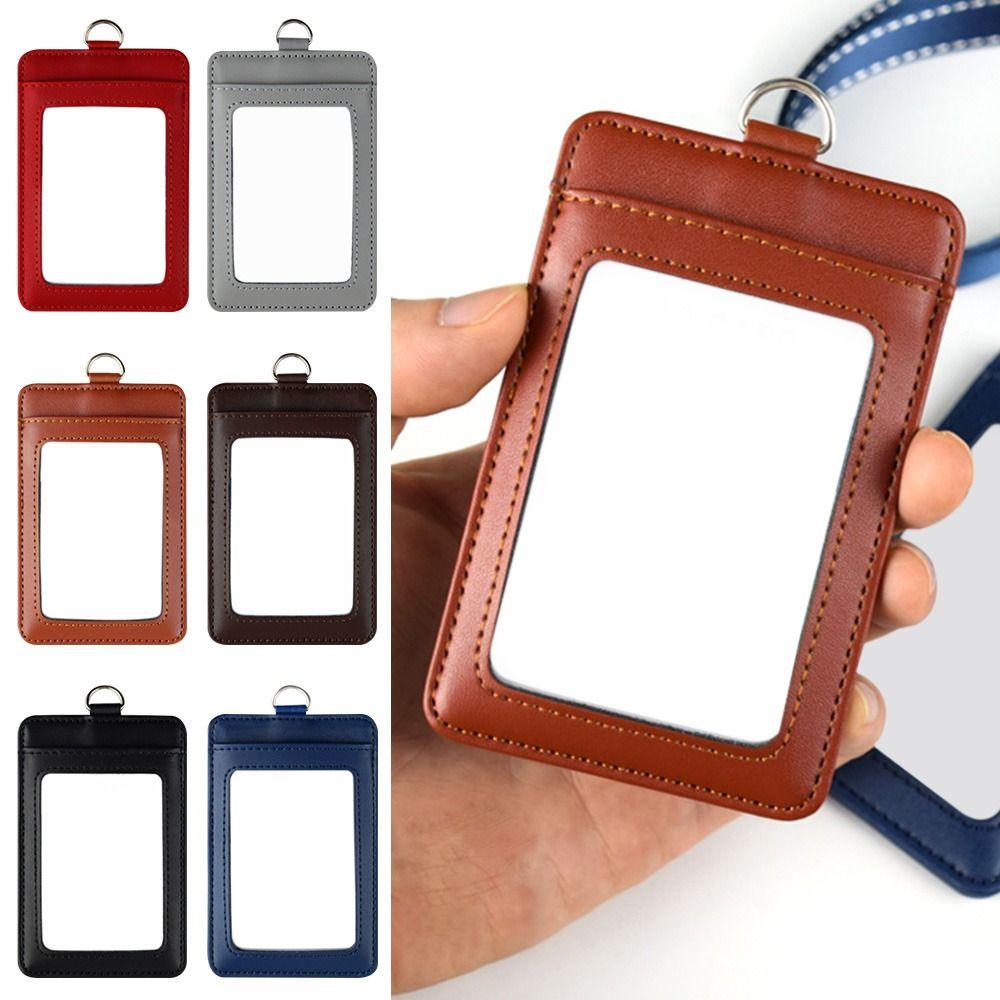 Leather With Lanyard Three Card Position Card Badge Holder Key Chain Card Bag ID Lanyard Name Tag