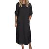 Women's Cotton And Linen Solid Color Casual Round Neck  Double Side Pockets 3/4 Sleeve Long Dress