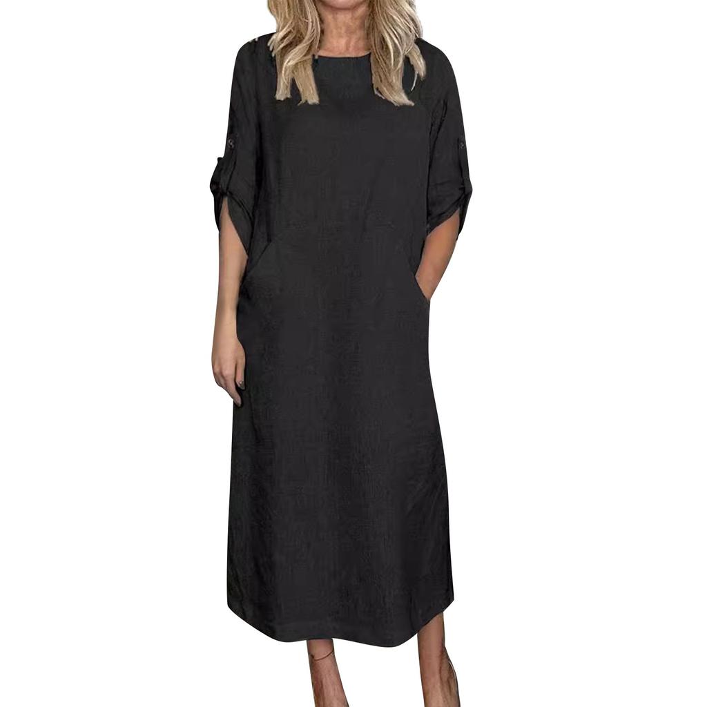Women's Cotton And Linen Solid Color Casual Round Neck  Double Side Pockets 3/4 Sleeve Long Dress