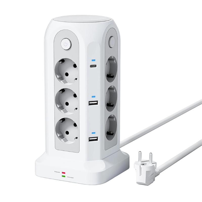 Удлинитель 18 в 1, 12 розеток AC, 4 порта USB-A и 2 порта Type-C, с кабелем 2 м, EU Tower Socket