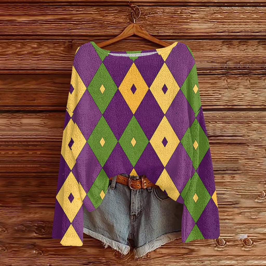 Women's Casual Fashion Round Neck Top Carnival Print Long Sleeve Knit Pullover